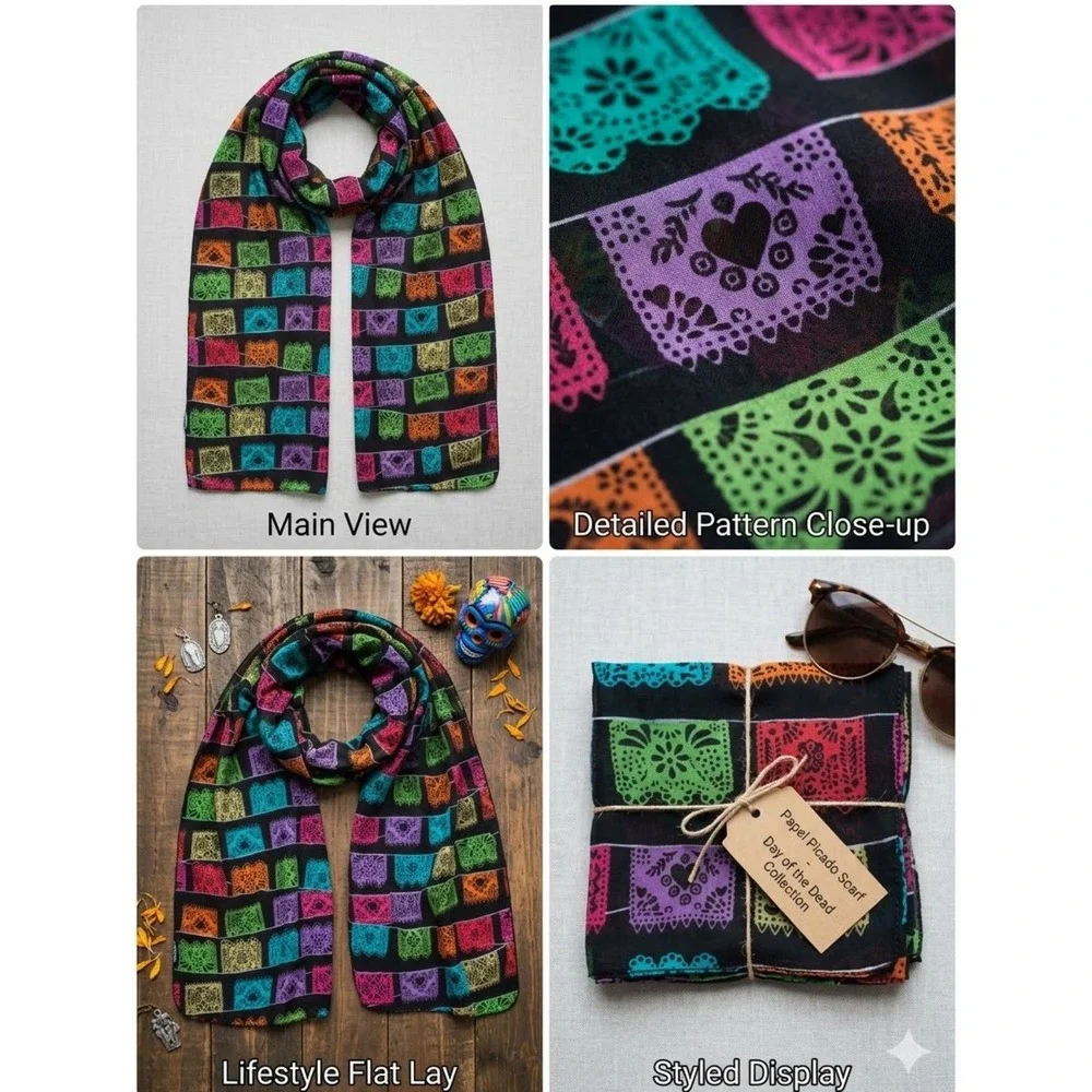Papel Picado Scarf Day of the Dead Collection Black Multi Color Banner Print